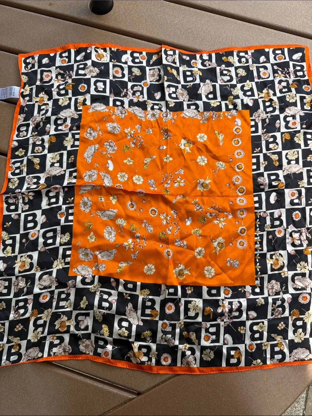 B Motif and Floral Print Silk Square Scarf